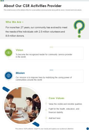About Our CSR Activities Provider One Pager Sample Example Document Slide01