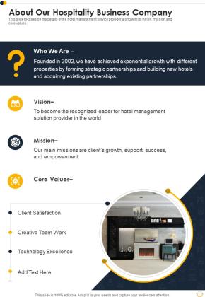 About Our Hospitality Business Company One Pager Sample Example Document Slide01