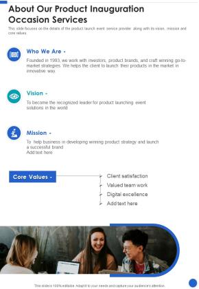 About Our Product Inauguration Occasion Services One Pager Sample Example Document Slide01