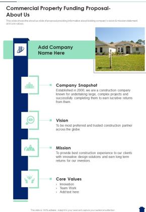 About Us Commercial Property Funding Proposal One Pager Sample Example Document Slide01