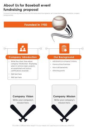 About Us For Baseball Event Fundraising Proposal One Pager Sample Example Document Slide01