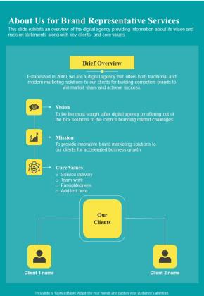 About Us For Brand Representative Services One Pager Sample Example Document Slide01