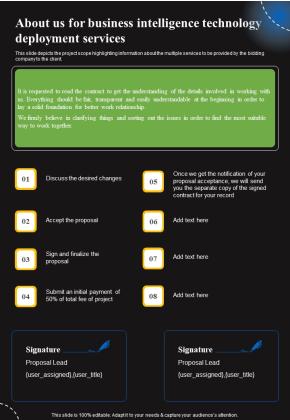 About Us For Business Intelligence Technology Deployment Services One Pager Sample Example Document Slide01