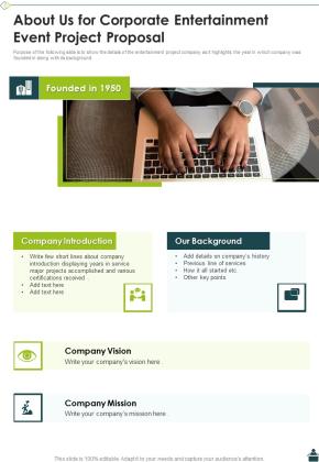 About Us For Corporate Entertainment Event Project Proposal One Pager Sample Example Document Slide01