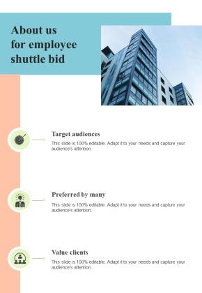 About Us For Employee Shuttle Bid Preferred by many One Pager Sample Example Document Slide01