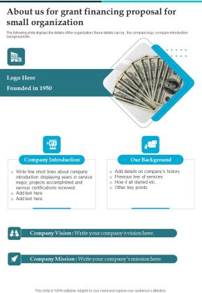 About Us For Grant Financing Proposal For Small Organization One Pager Sample Example Document Slide01