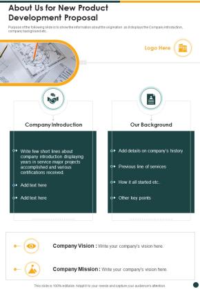 About Us For New Product Development Proposal One Pager Sample Example Document Slide01