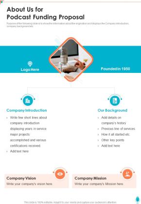 About Us For Podcast Funding Proposal One Pager Sample Example Document Slide01