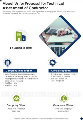 About Us For Proposal For Technical Assessment Of Contractor One Pager Sample Example Document Slide01