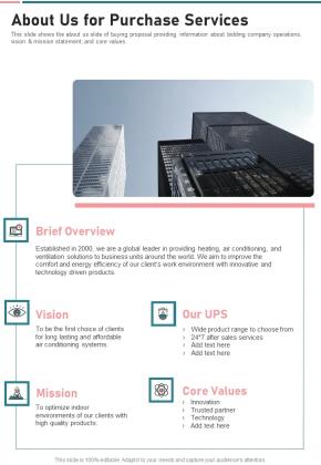 About Us For Purchase Services One Pager Sample Example Document Slide01