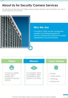 About Us For Security Camera Services One Pager Sample Example Document Slide01