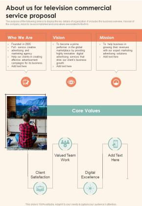 About Us For Television Commercial Service Proposal One Pager Sample Example Document Slide01