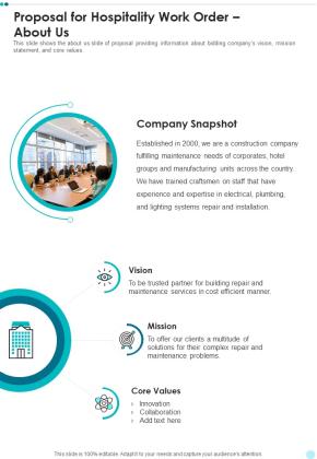 About Us Proposal For Hospitality Work Order One Pager Sample Example Document Slide01