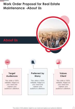 About Us Work Order Proposal For Real Estate Maintenance One Pager Sample Example Document Slide01