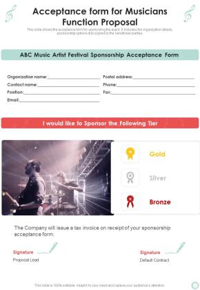 Acceptance Form For Musicians Function Proposal One Pager Sample Example Document Slide01