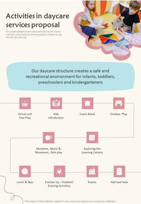 Activities In Daycare Services Proposal One Pager Sample Example Document Slide01