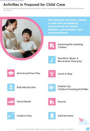 Activities In Proposal For Child Care One Pager Sample Example Document Slide01