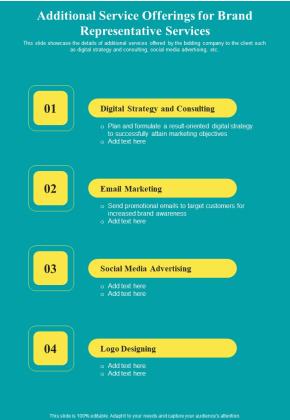 Additional Service Offerings For Brand Representative Services One Pager Sample Example Document Slide01