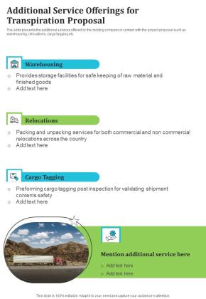 Additional Service Offerings For Transpiration Proposal One Pager Sample Example Document Slide01