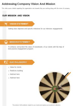 Addressing Company Vision And Mission One Pager Documents Slide01
