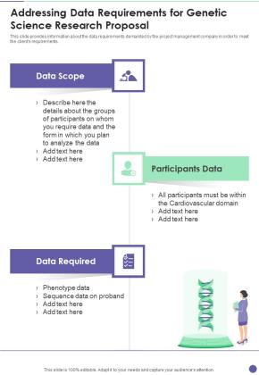 Addressing Data Requirements For Genetic Science Research Proposal One Pager Sample Example Document Slide01