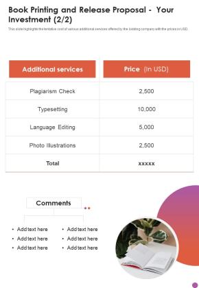 Book Printing And Release Proposal Your Investment One Pager Sample Example Document Slide02