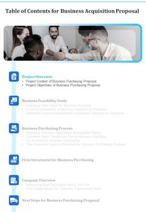 Business Acquisition Proposal Table Of Contents One Pager Sample Example Document Slide01
