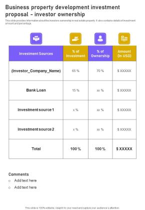 Business Property Development Investment Proposal Investor Ownership One Pager Sample Example Document Slide01