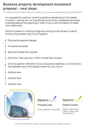 Business Property Development Investment Proposal Next Steps One Pager Sample Example Document Slide01