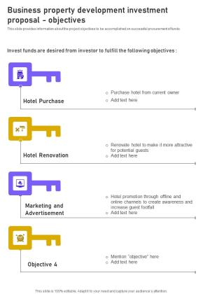 Business Property Development Investment Proposal Objectives One Pager Sample Example Document Slide01