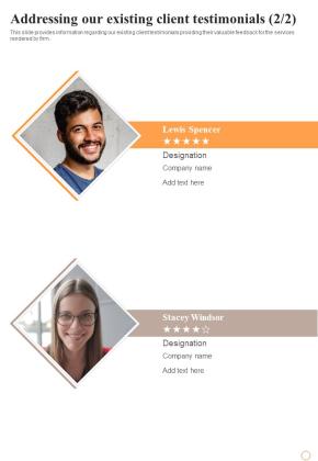 Business Space Rental Addressing Our Existing Client Testimonials One Pager Sample Example Document Slide02
