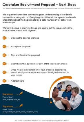 Caretaker Recruitment Proposal Next Steps One Pager Sample Example Document Slide01