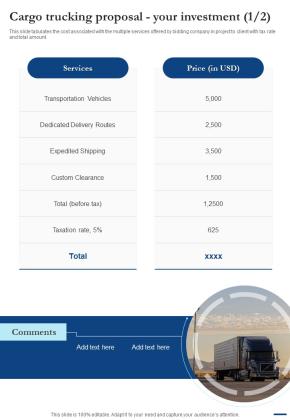 Cargo Trucking Proposal Your Investment One Pager Sample Example Document Slide01