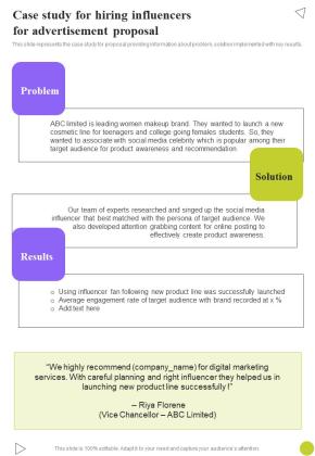 Case Study For Hiring Influencers For Advertisement Proposal One Pager Sample Example Document Slide01