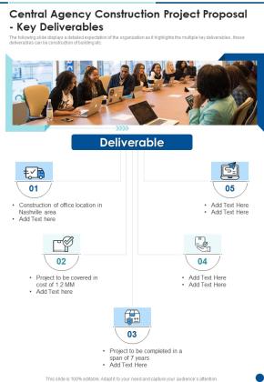 Central Agency Construction Project Proposal Key Deliverables One Pager Sample Example Document Slide01