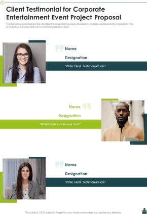 Client Testimonial For Corporate Entertainment Event Project Proposal One Pager Sample Example Document Slide01