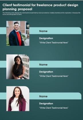 Client Testimonial For Freelance Product Design Planning Proposal One Pager Sample Example Document Slide01