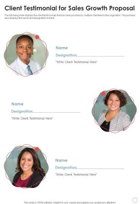Client Testimonial For Sales Growth Proposal One Pager Sample Example Document Slide01