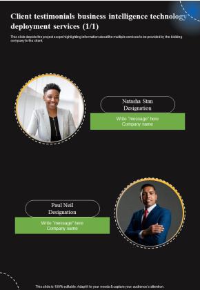 Client Testimonials Business Intelligence Technology Deployment Services One Pager Sample Example Document Slide01