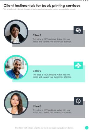 Client Testimonials For Book Printing Services One Pager Sample Example Document Slide01