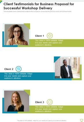 Client Testimonials For Business Proposal For Successful Workshop Delivery One Pager Sample Example Document Slide01