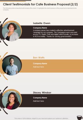 Client Testimonials For Cafe Business Proposal One Pager Sample Example Document Slide02