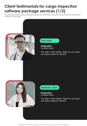 Client Testimonials For Cargo Inspection Software Package Services One Pager Sample Example Document Slide01