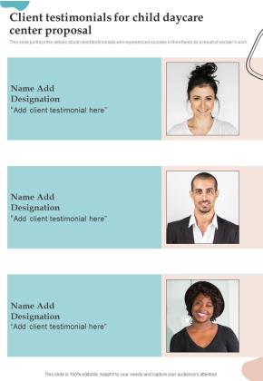 Client Testimonials For Child Daycare Center Proposal One Pager Sample Example Document Slide01
