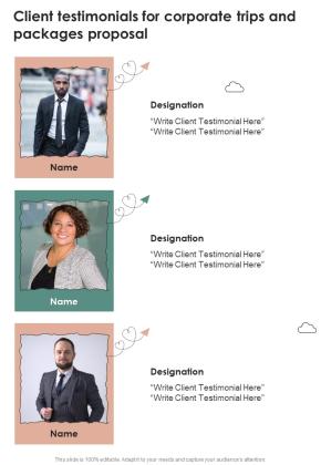Client Testimonials For Corporate Trips And Packages Proposal One Pager Sample Example Document Slide01