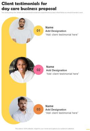 Client Testimonials For Day Care Business Proposal One Pager Sample Example Document Slide01