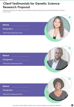 Client Testimonials For Genetic Science Research Proposal One Pager Sample Example Document Slide01