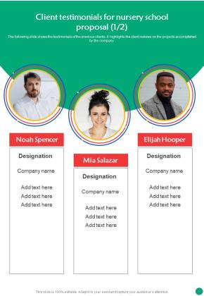 Client Testimonials For Nursery School Proposal One Pager Sample Example Document Slide01