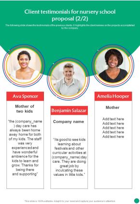 Client Testimonials For Nursery School Proposal One Pager Sample Example Document Slide02