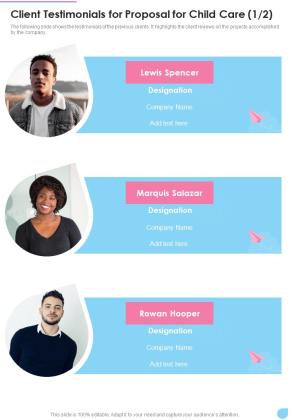 Client Testimonials For Proposal For Child Care One Pager Sample Example Document Slide01